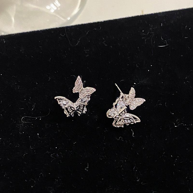 Silver needle zircon butterfly stud earrings personality temperament exquisite fashion earrings light luxury high sense earrings design sense niche