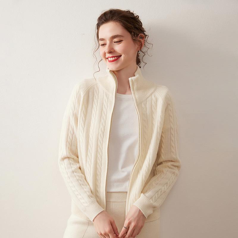 Cashmere Cable Knit Zipper Cardigan - Women's Autumn/Winter 2025, Half-High Neck, Gentle Style.