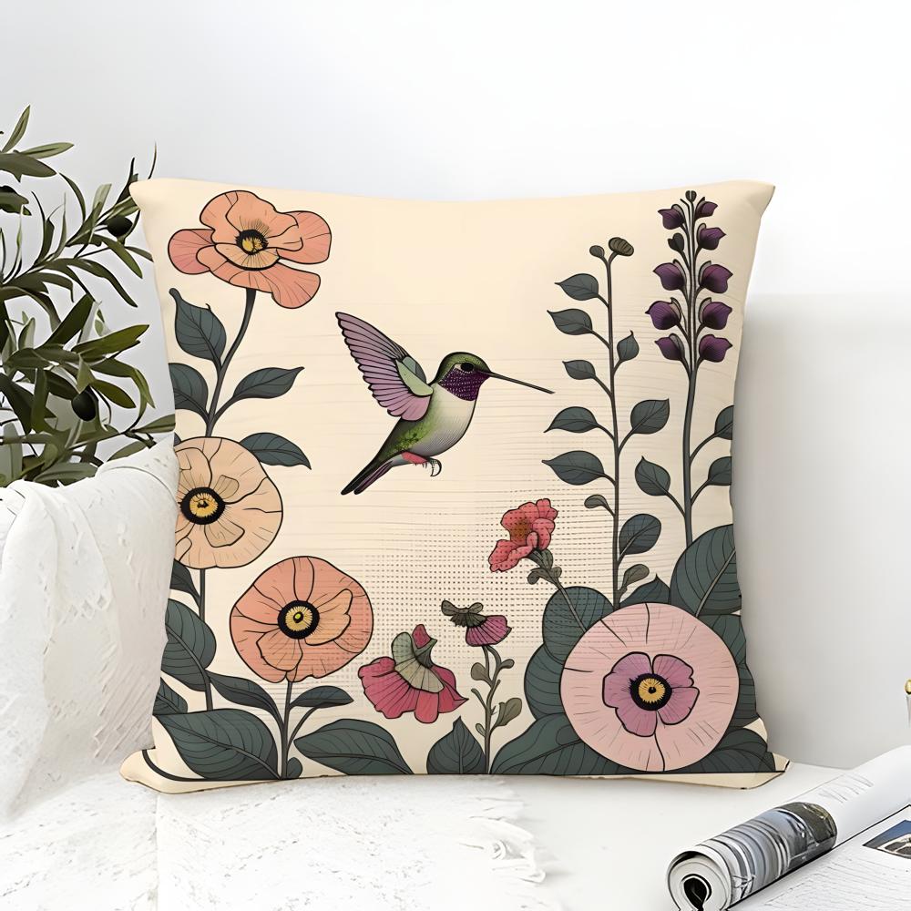 Natural Plant, Bird, And Flower Prints Pillow Case Cotton Linen Fabric Square Zipper Pillowcase Home Decorative Living Room