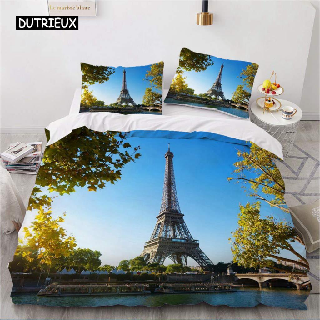 Eiffel Tower Duvet Cover Set King Size Paris Cityscape Twin Bedding Set Modern French Style Polyester Comforter Cover Boys Girls