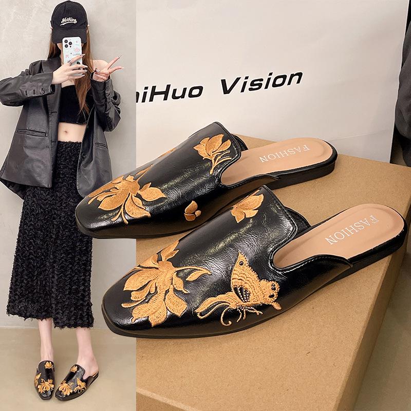 Вишиті туфлі-півтапочки з відкритим носком, жіночі літні туфлі на товстому підборі, модні ліниві мюлі, шльопанці на середньому підборі