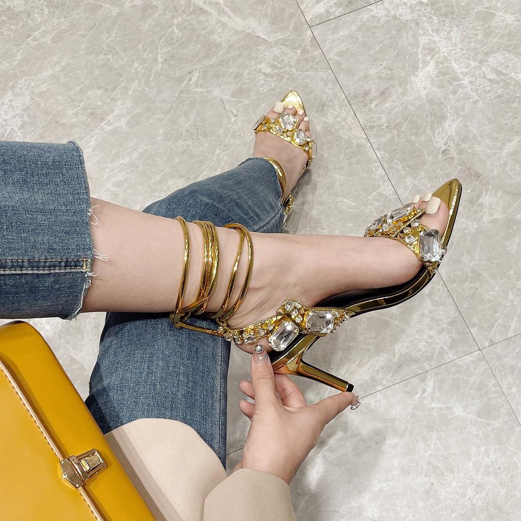 2025 summer new European and American fashion rhinestone gem pointed stiletto open-toed catwalk banquet women's sandals