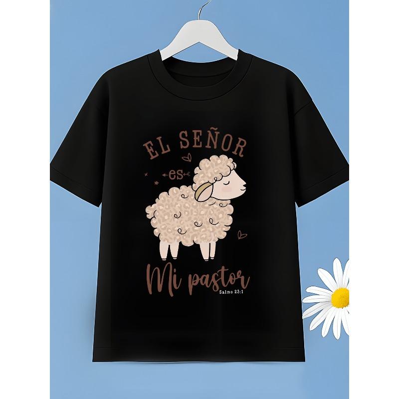 

European sizes Summer Short Sleeve T-Shirt - Cute Lamb Print & Spanish Religious Design, Lightweight Breathable Fabric, Machine Washable 164cm чорний