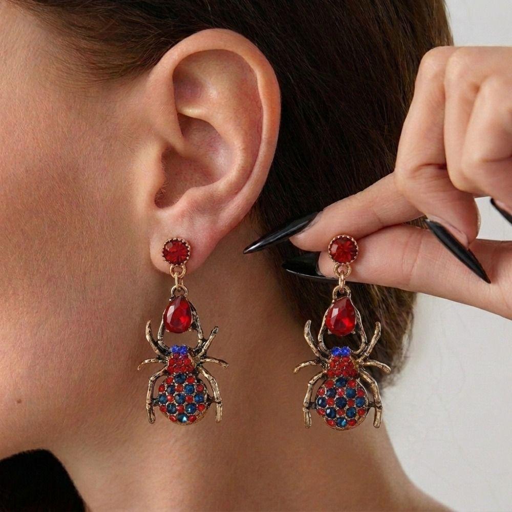 Zircon Halloween Earrings Rhinestone Spider Dangle Earrings Punk Long Tassel Drop Earrings Cosplay