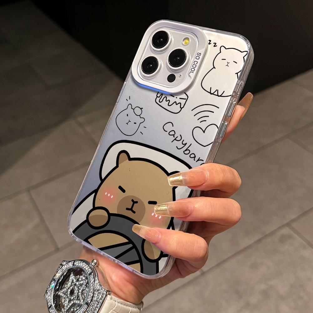 Lovely Cartoon Capybara Phone Case for iPhone 17 Air 16 16e 15 14 Plus 13 12 11 Pro Max X Xs XR 8 Colorful Silver Hard Cover