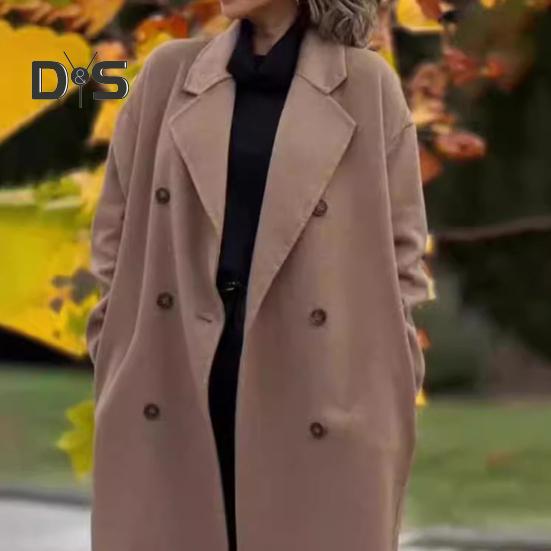 Women's Woolen Coat Autumn Winter Double-breasted Lapel Overcoat Loose-fit Solid Color Warm Long Coat for Office Daily Wear