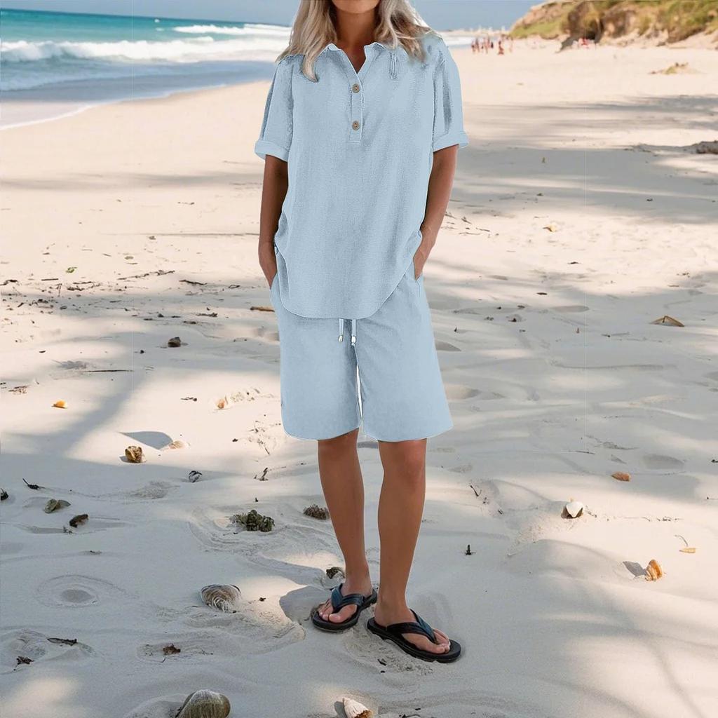 Women's Casual Pants Set Fashion Women's Shirt Soild Two Piece Set
