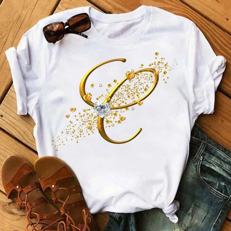 A letter combination Tshirt with a custom name suitable for short sleeved women's clothing with gold diamond letter font ABCDEF