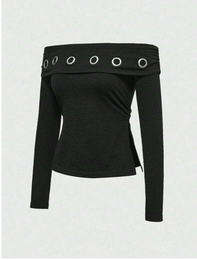 Autumn/Winter Slim Fit Ribbed Long Sleeve Top with Letter Print for Women