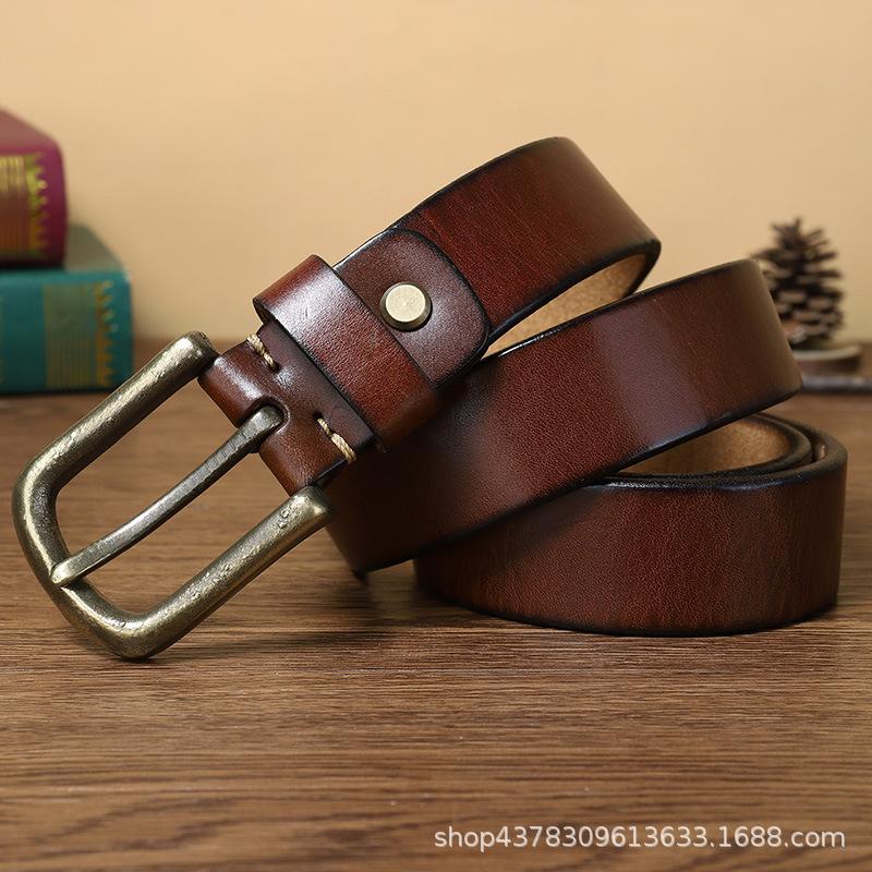 Belt Men's Pure Copper Pin Buckle Genuine Leather Retro Trendy Versatile Youth Casual Pants Belt