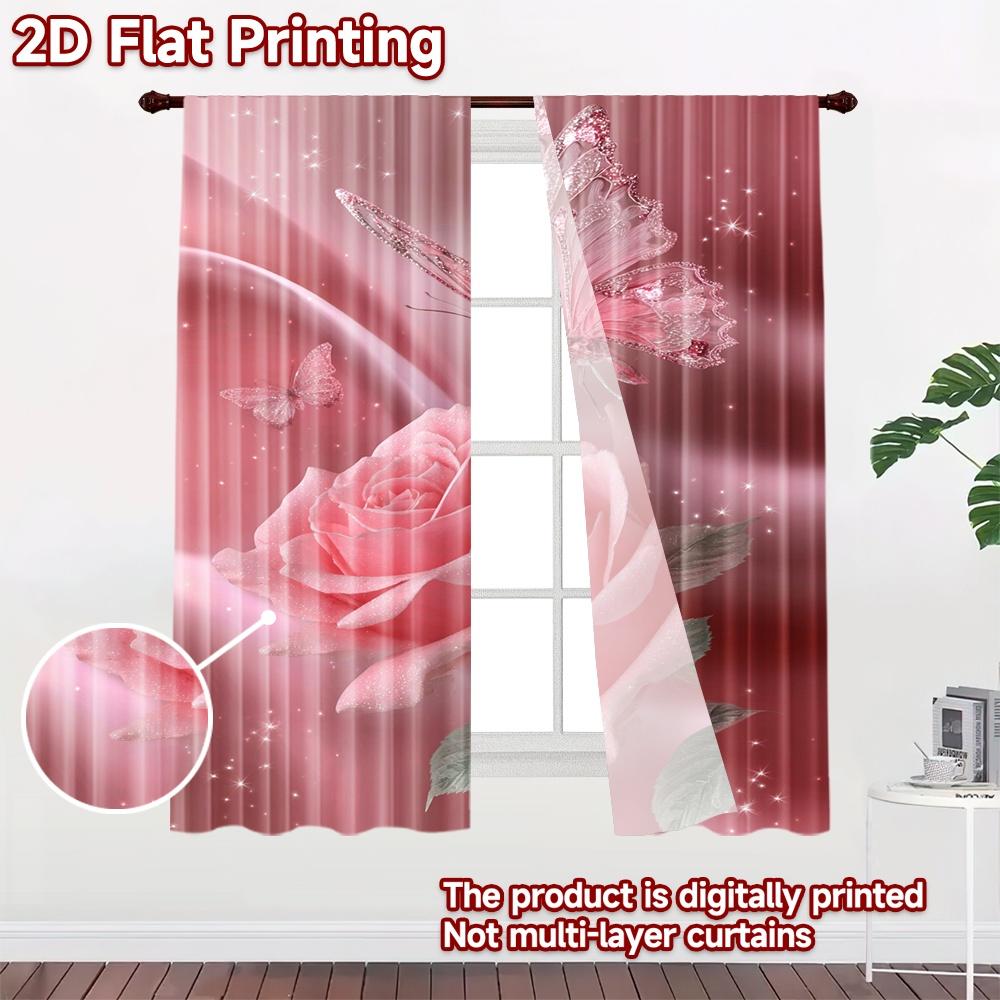 2D Flat Printing 2pcs Curtain Curtains Valentine's Day Butterfly Rose Digital Printed Polyester Drapes Birthday Party Perfect