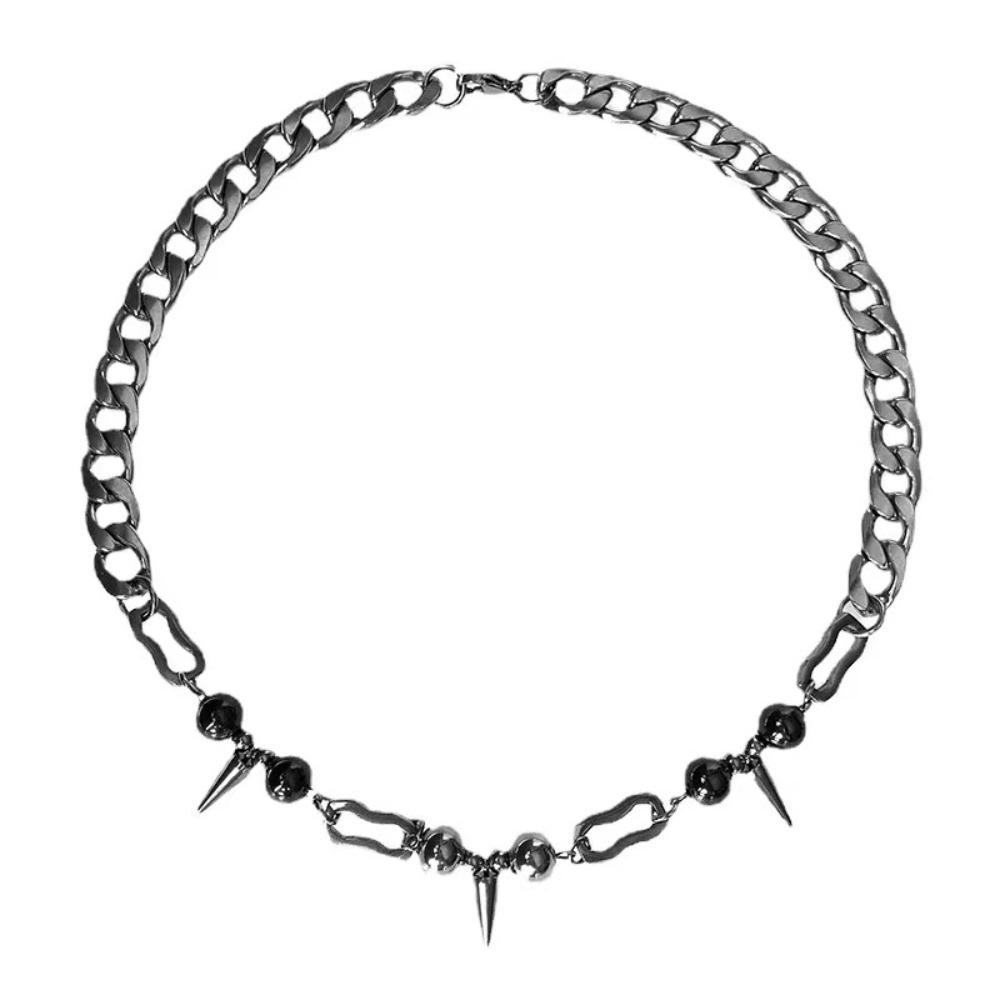 Punk Hip-hop Sliver Color Stainless Steel Rivet Tassel Round Bead Spliced Necklace for Women Collar Chain Jewelry Does Not Fade