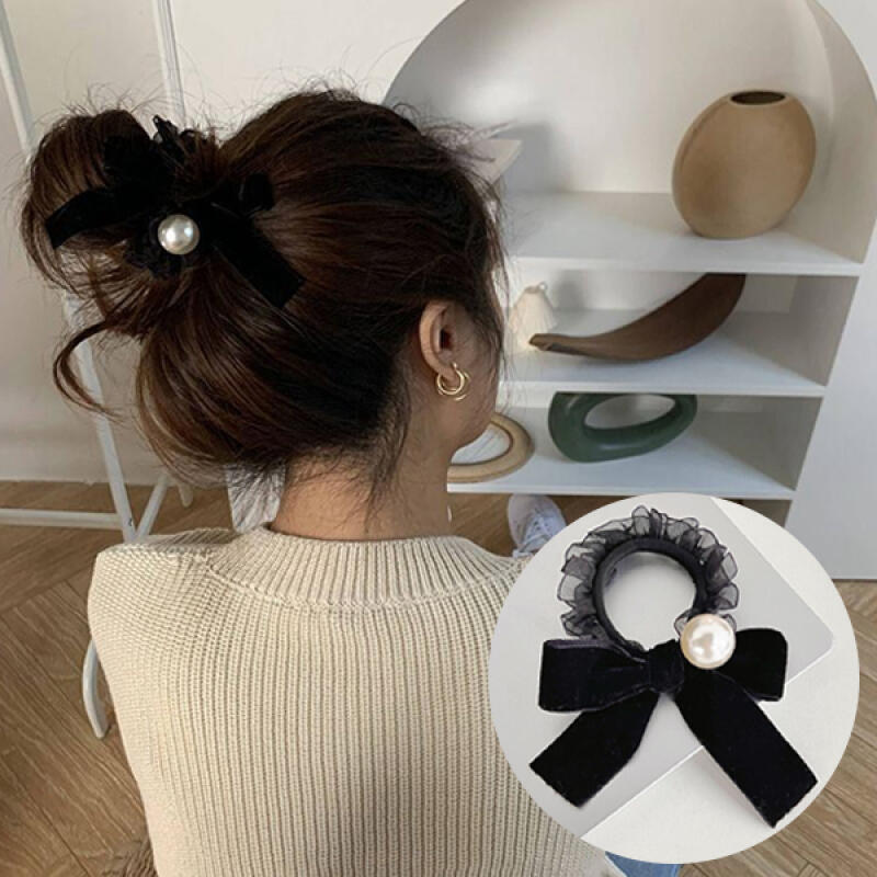 Popo Feminine Velvet Pearl Ribbon Hair Band black