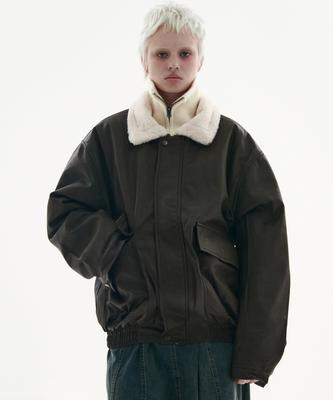 Place Studio Vegan Leather Fur Oversized Shearling Jacket Jumper [Brown]