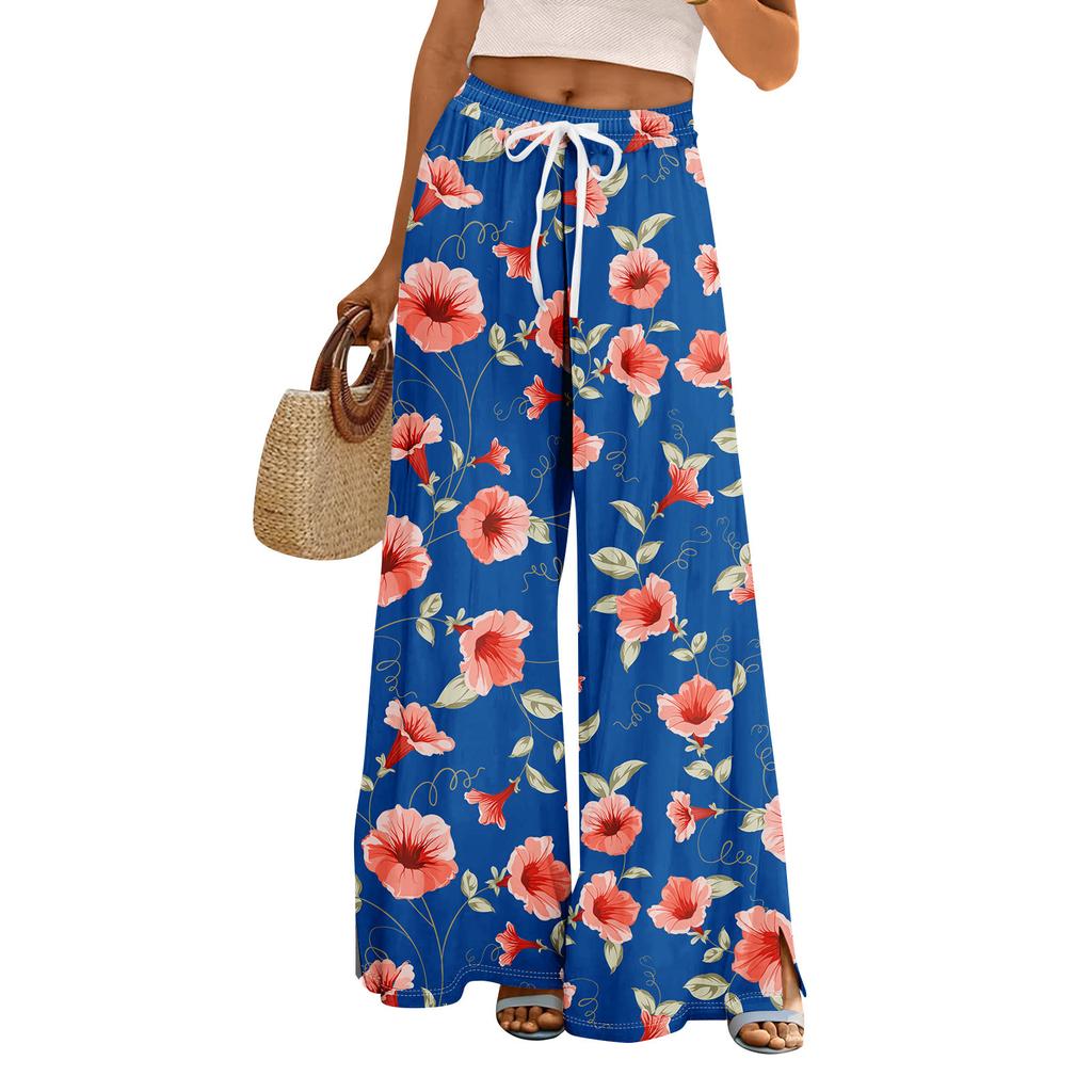 Women Summer Boho Palazzo Pants High Waist Wide Leg Floral Printing Casual Trousers With Pockets