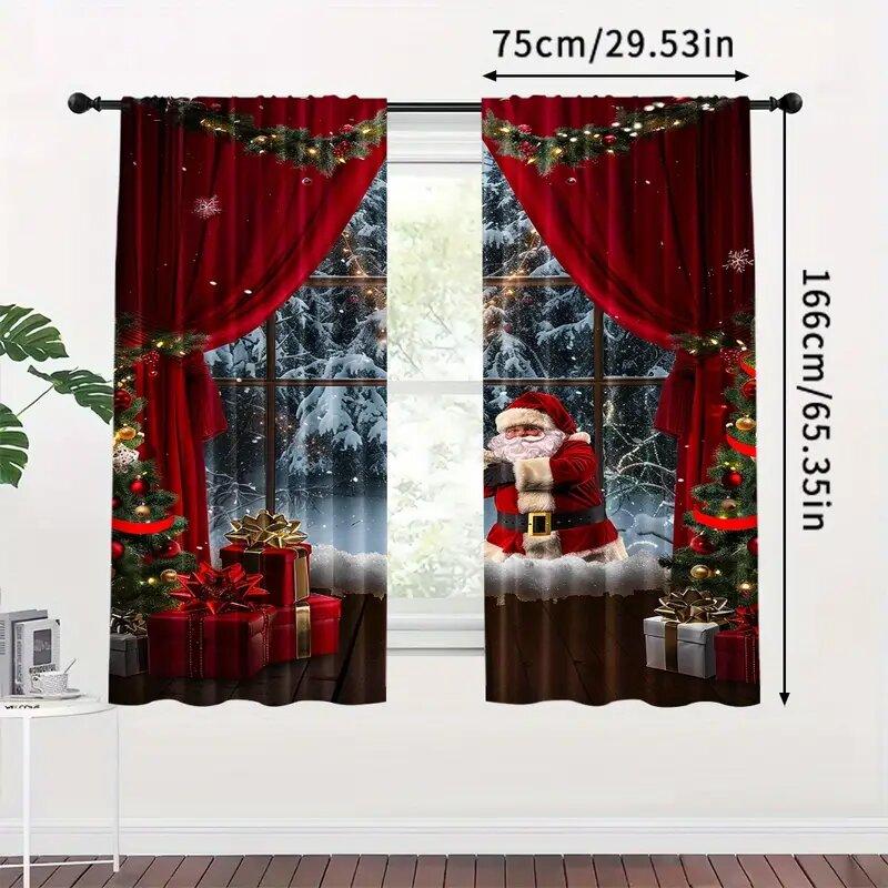 Christmas Style Santa Claus Pattern Printed Curtains Through Bar Home Decoration Room Curtain Set Of 2 Made Polyester Washable