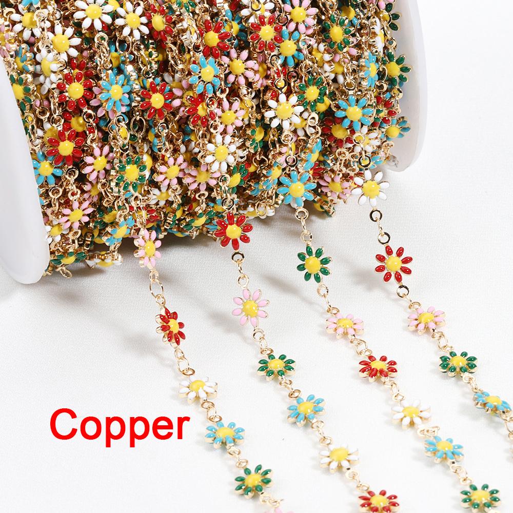 1Meter 7mm Stainless Steel Chain Enamel Daisy Flower KC Gold Color Beaded Chains for DIY Jewelry Making Necklace Bracelet