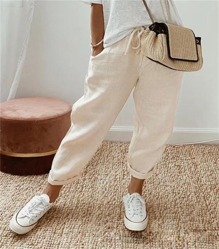 Women Mid Waist Drawstring Linen Harem Pants, Pocket Cuffed Ankle Loose Casual Trousers S-5XL Spring Daily Wear