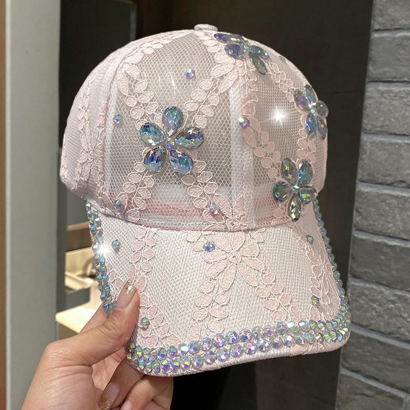 Rhinestone Flower Lace Cap Children's Fashion Breathable Outdoor Shade Sun Protection Cap Sports Cycling Baseball Cap