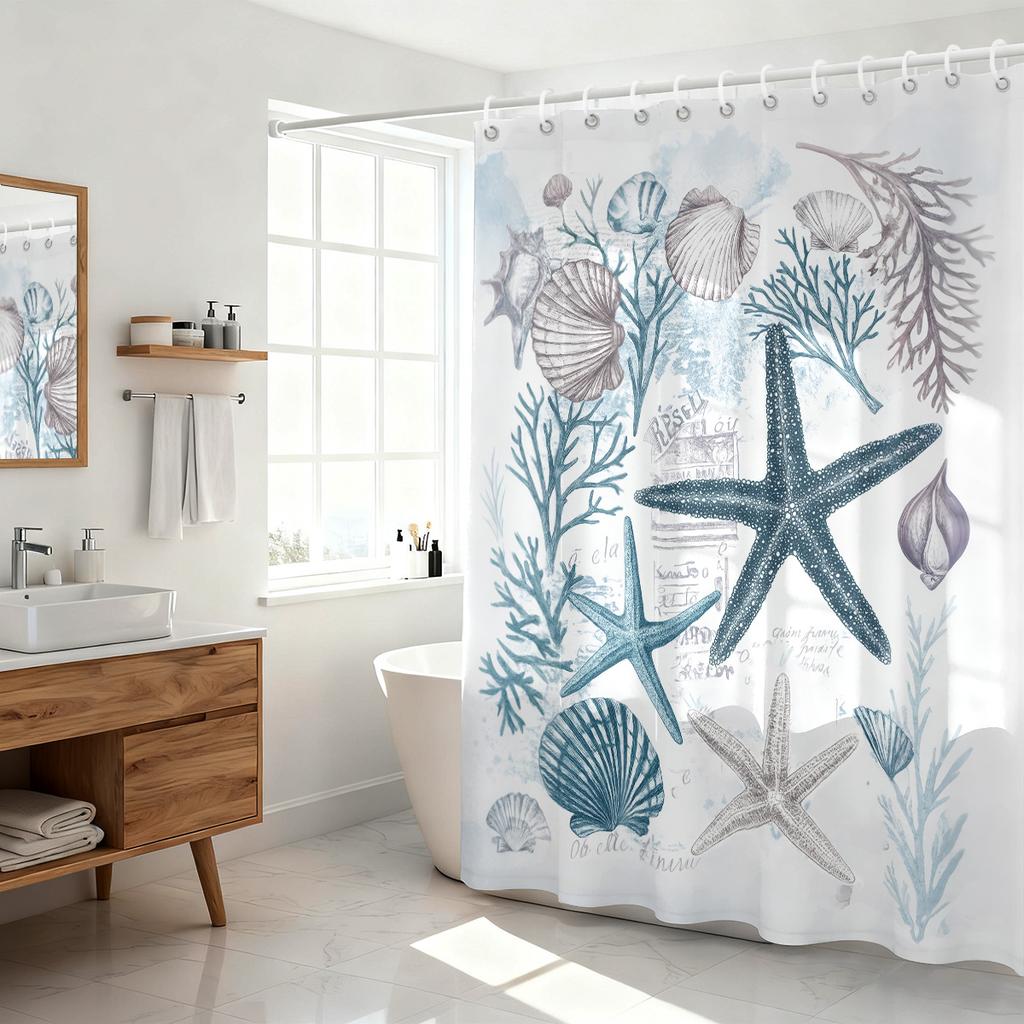 1Pc Cartoon Starfish Printed Waterproof Shower Curtain Partition Privacy Hanging Curtain With 12 Hooks In Various Sizes