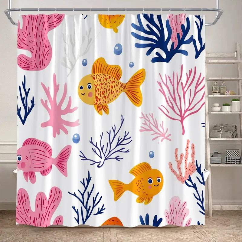 Ocean Fish Shower Curtains Watercolour Coral Sea Animals Kids Bath Curtain Polyester Cloth Modern Home Bathroom Decor with Hooks
