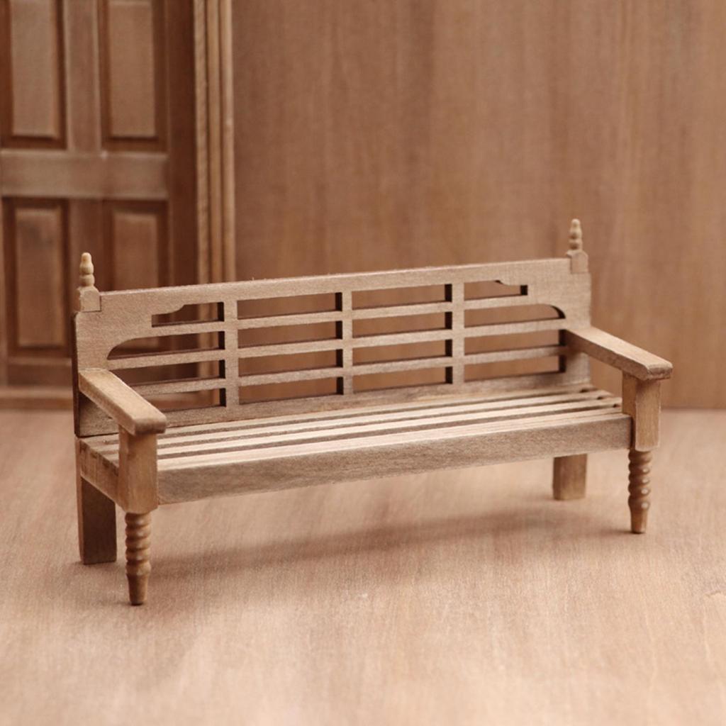 1/12 Doll House Vintage Style Wooden Patio Bench & Cushion Furniture Set for Living Room Life Scene