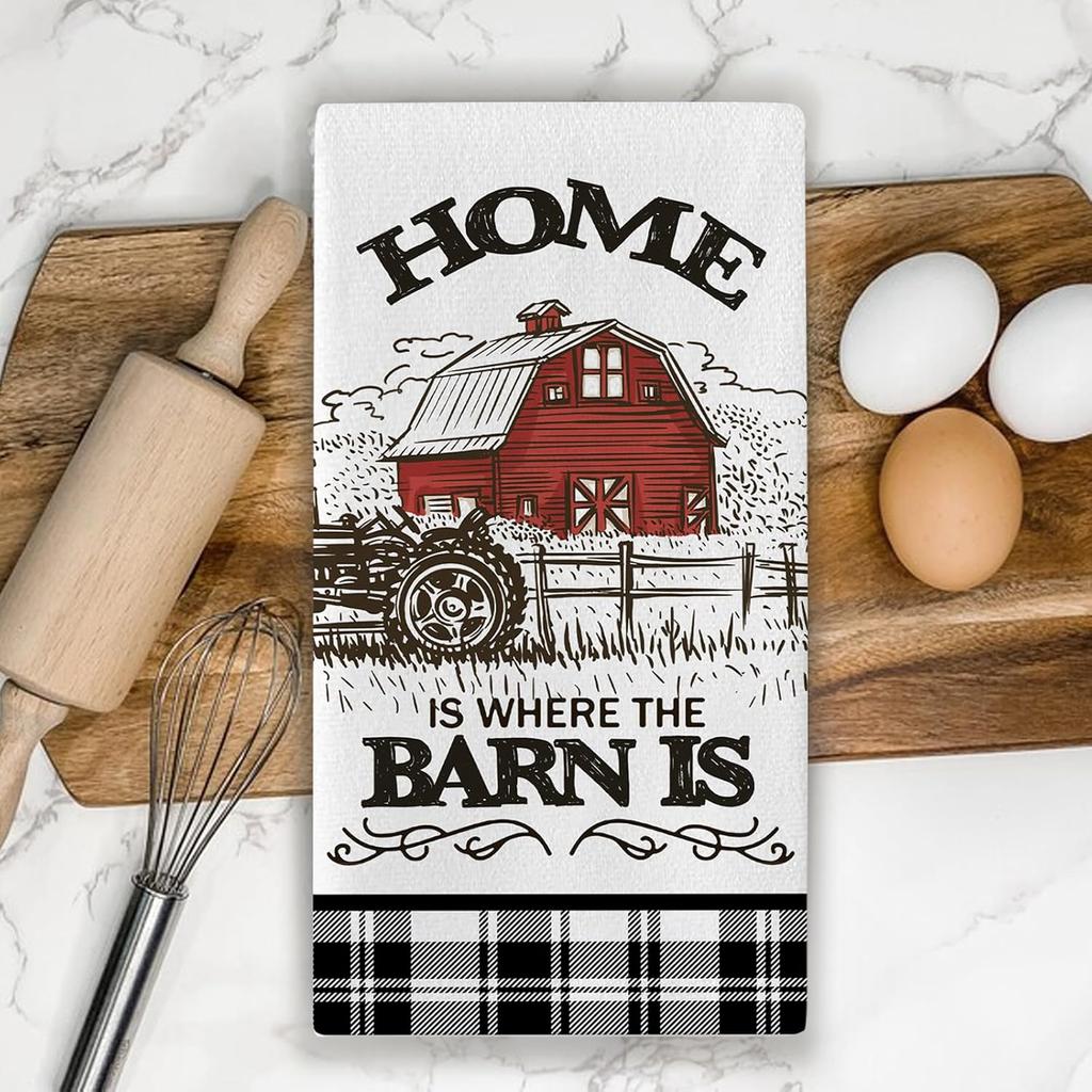 Farm Animals Kitchen Dish Towels Set of 2, Farmhouse Cow Rooster Barn Drying Hand Towel Baking Cooking Cloth, Homestead Tractor Sweet Home Decoration