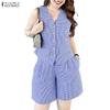 Women Sleeveless Vest Tops and Shorts Plaid Print Two Piece Suit Sets