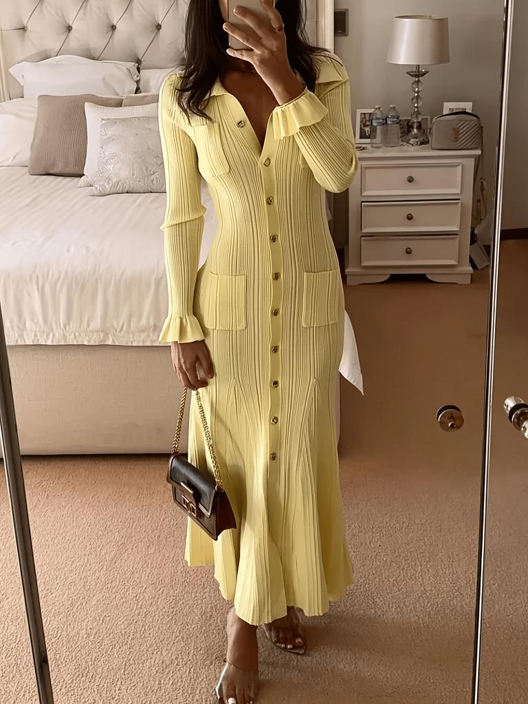 Women's Bright Yellow Long Knit Dress with Notch Collar and Ruffle Hem