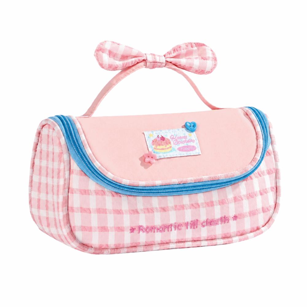 Gingham Print Stationery Bag Bow Handle Pencil Pouch Multi-Functional Pencil Case  Students