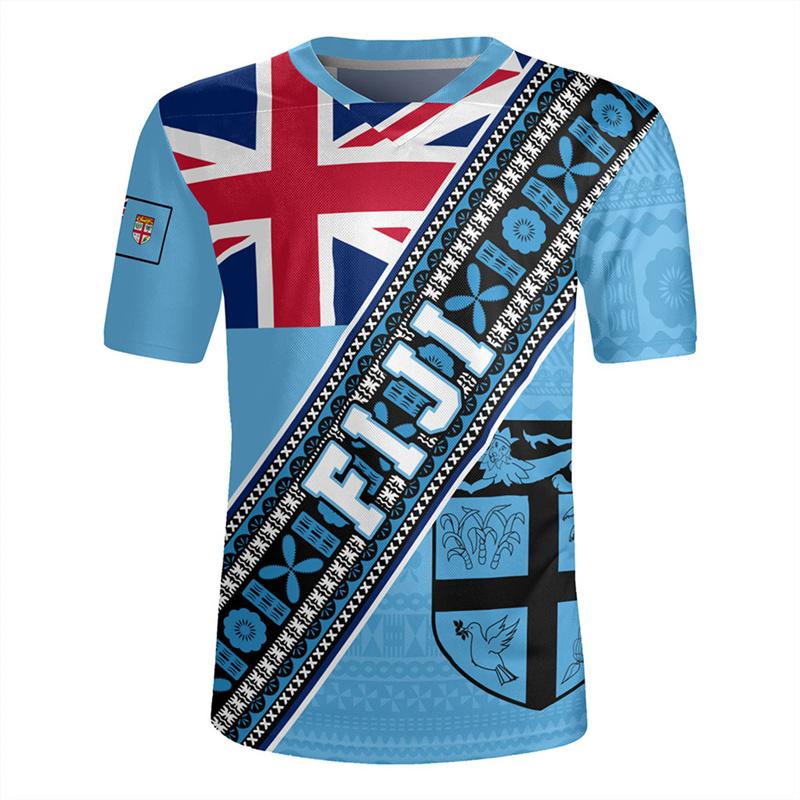 The Republic-of Fiji Flag 3D Printing V Neck T Shirt Fiji Rugby-Jersey Emblem Graphic V neck