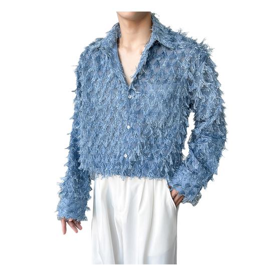 

Мужская рубашка с нагрудным карманом и кисточками, отложным воротником, однобортная, длинная 2XL озеро синий