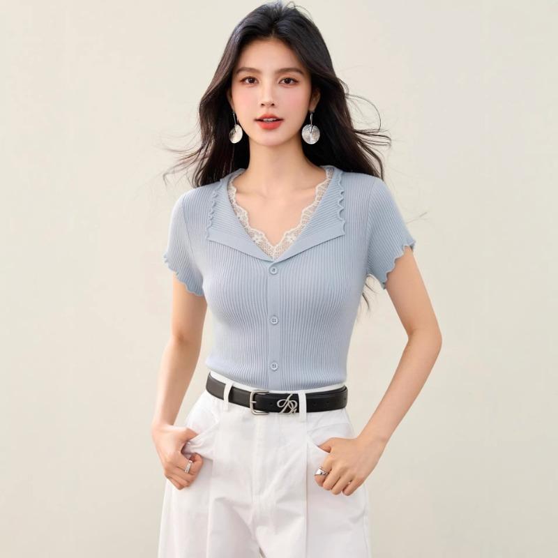 Women s Light Blue Ribbed Knit Lace Trim Short Sleeve Top S синий