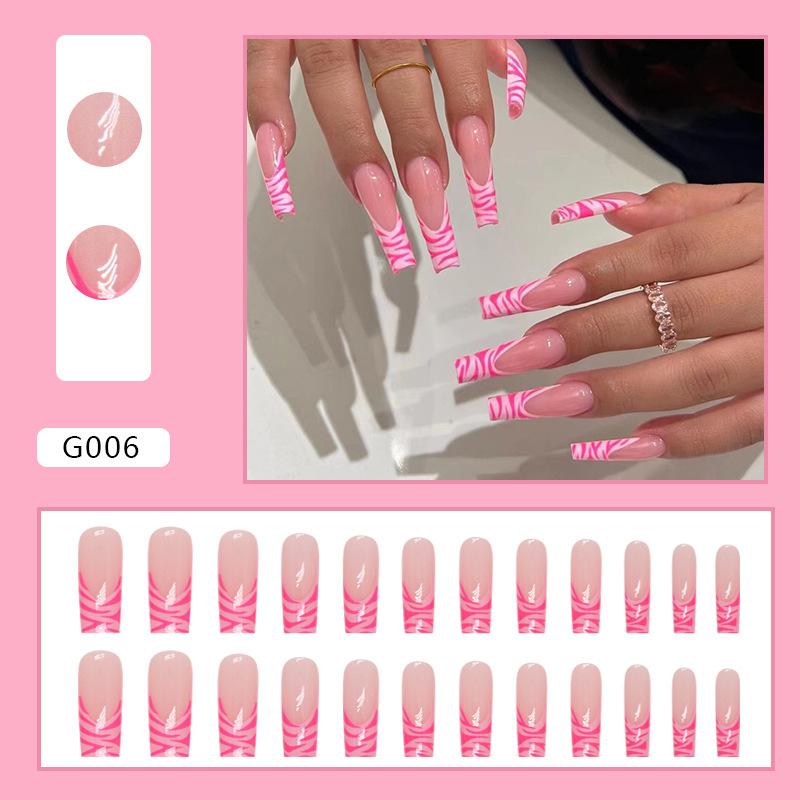 Pink French zebra pattern nail medium and long water pipe nail European and American sweet ins wind fake nail wearing nail