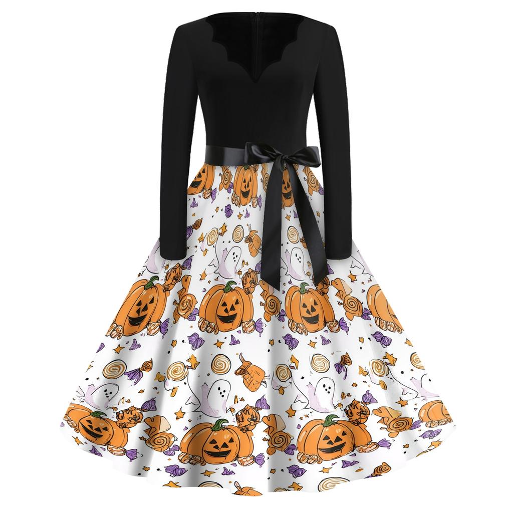 Women Casual Vintage V Neck Dress Long Sleeve Halloween Print Retro Style Midi Dress with Waist Tie Belt