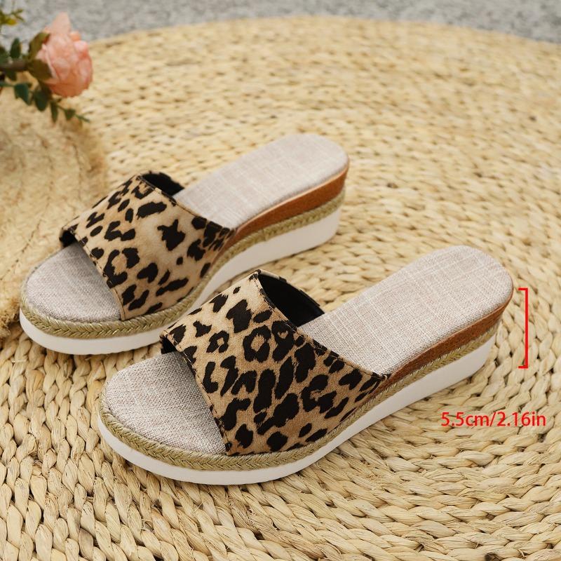 Large Size Slope Heel Cool Slippers Women's Summer New Fashion Leopard Print Muffin Thick Bottom Women's Slippers