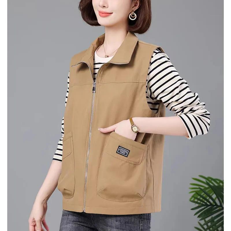 

Повседневный хаки короткий женский жилет оверсайз подкладка без рукавов куртки 2024 весна осень молния базовый жилет женская верхняя одежда XS хаки