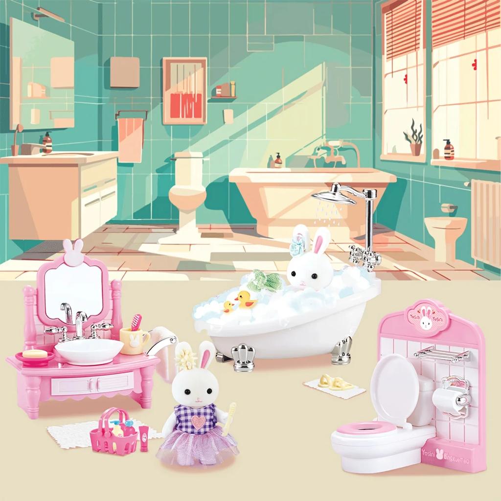 Dollhouse Miniature Furniture Set Rabbit Family Mini Toy House Set Play Game with Diverse Scenes Accessories Birthdays Gifts