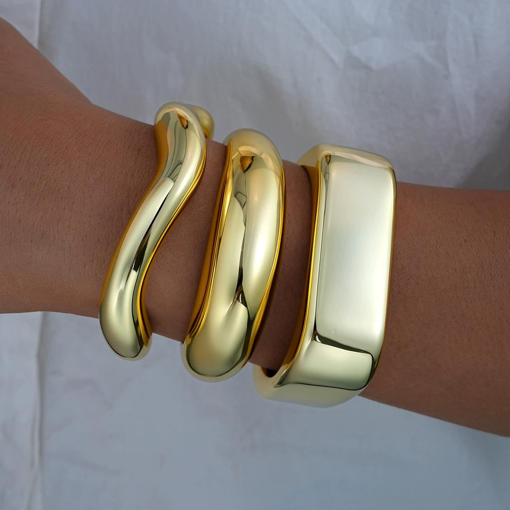 IF ME 3Pcs/Set Classic Geometric Wide Bangles for Women Geometric Smooth Gold Silver Color Chunky Bracelets Party Jewelry Accessories