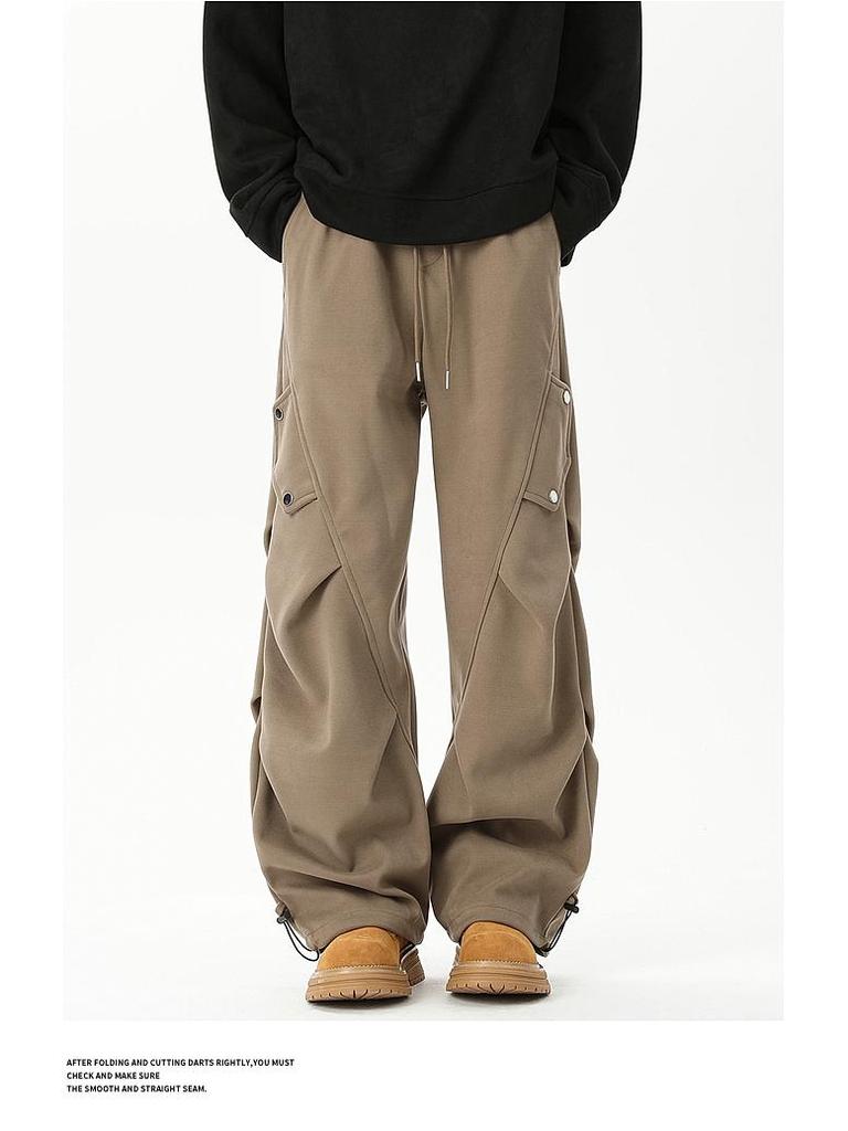 Men's Trendy Spring/Autumn Pleated Wide-Leg Overalls - Stylish, Handsome, and Casual Straight-Leg Trousers.