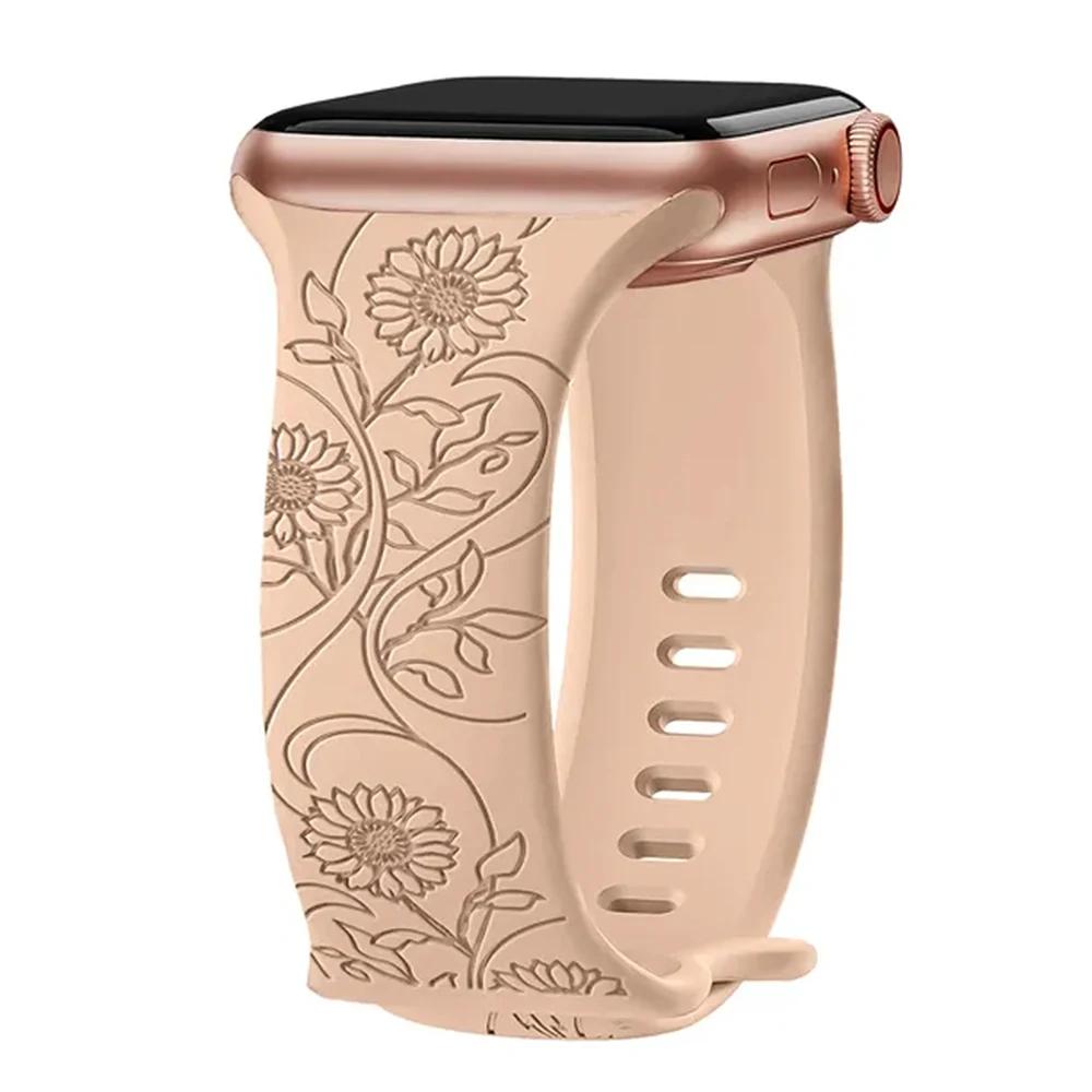 Floral Engraved Strap For Apple Watch Band 40mm 44mm 41mm 49mm 45mm 38mm 42mm Silicone Bracelet Iwatch Series 9 7 Se 6 8 Ultra 2
