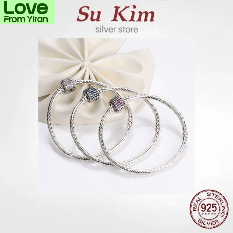 

Распродажа 100% настоящий браслет из стерлингового серебра 925 пробы для женщин, оригинальный браслет с подвесками из цветного кристалла, ювелирные изделия собственного производства 21cm