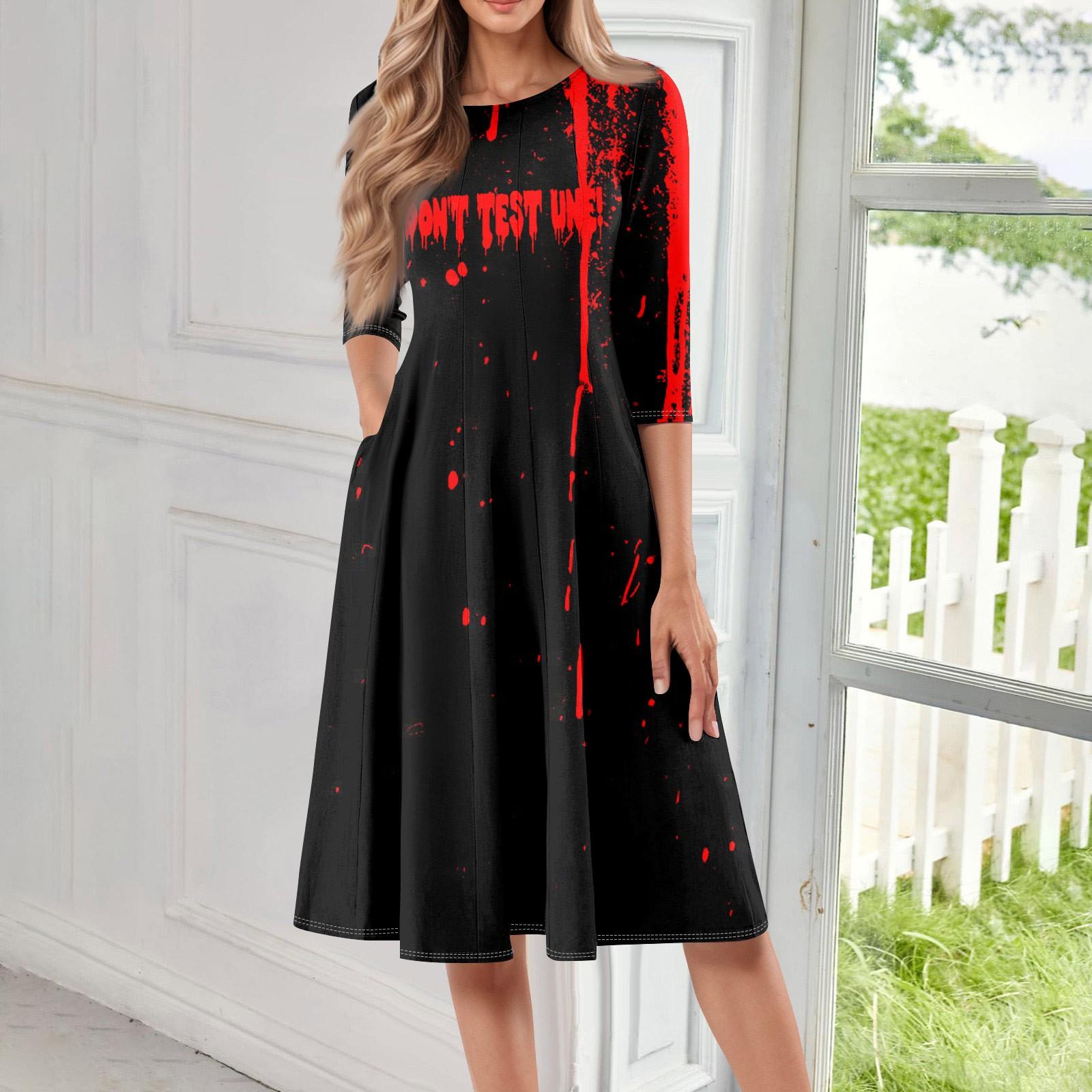 

Женское повседневное модное миди-платье с круглым вырезом, рукавом три четверти и принтом на Хэллоуин M