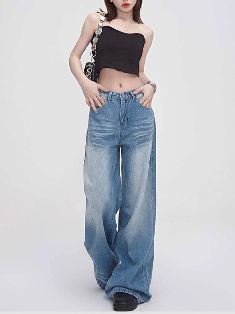 Crease Blue Elegant Washed Jeans Women All Match Vintage Mop Pants Loose Straight Fashion Design Wide Leg Pants Streetwear
