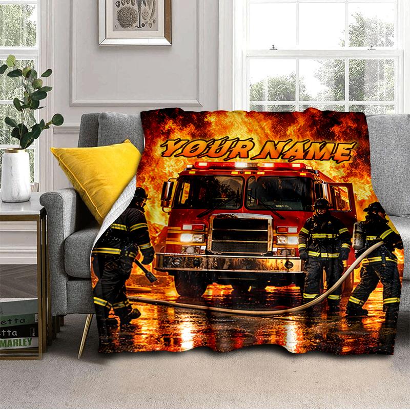 1PC Custom Name Firefighters Bravery Flames flannel blanket versatile,all-season throw suitable for the living room,bedroom,camping,travel,and gift