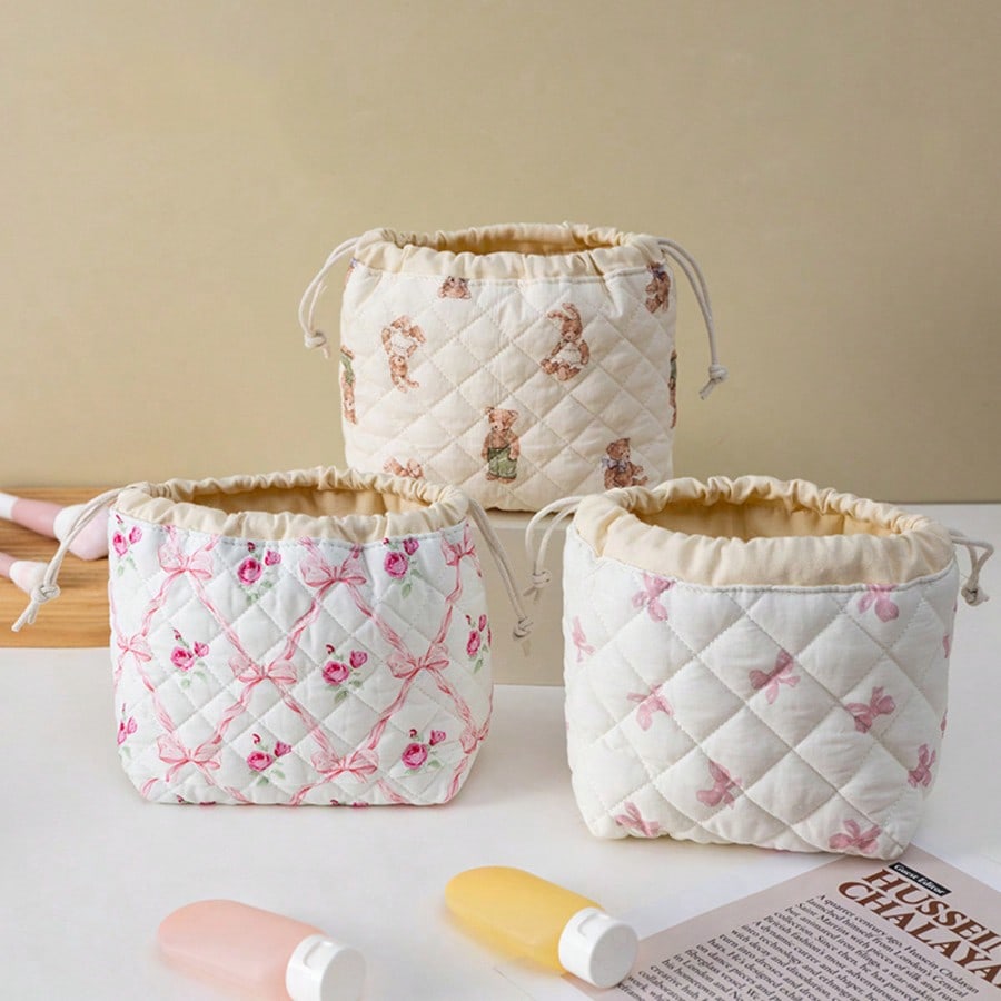 Drawstring Cosmetic Bag With Embossed Print, Large Capacity Drawstring Cosmetic Bag