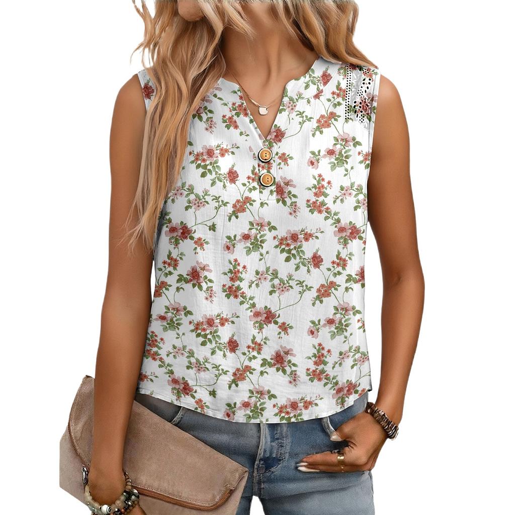 Women's Casual, Loose-Fitting, Printed, Sleeveless Linen Blouse