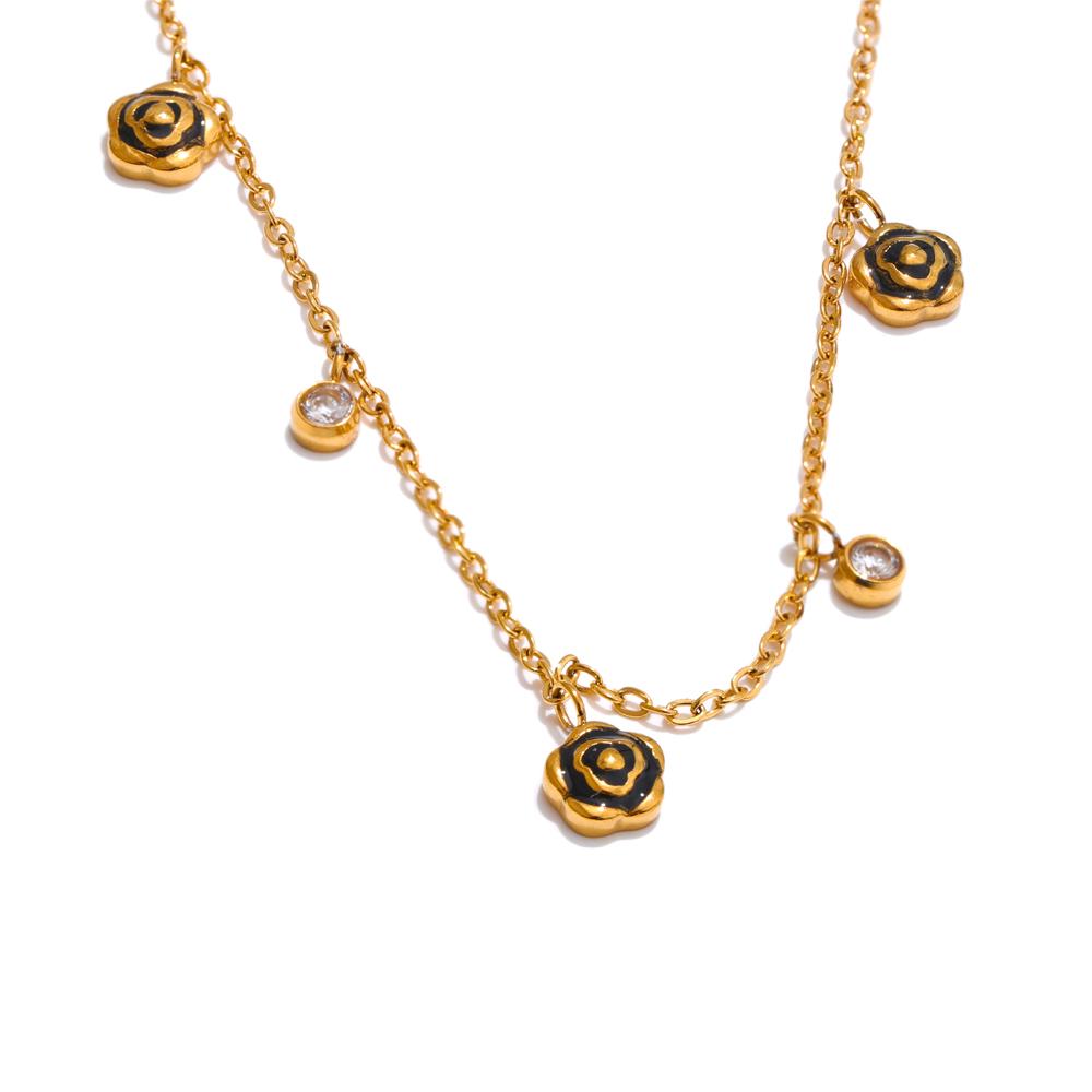 

Yhpup Black Enamel Flower Zirconia Chain Drop Chic Necklace PVD Plated Stainless Steel Fashion Collar 18K Jewelry