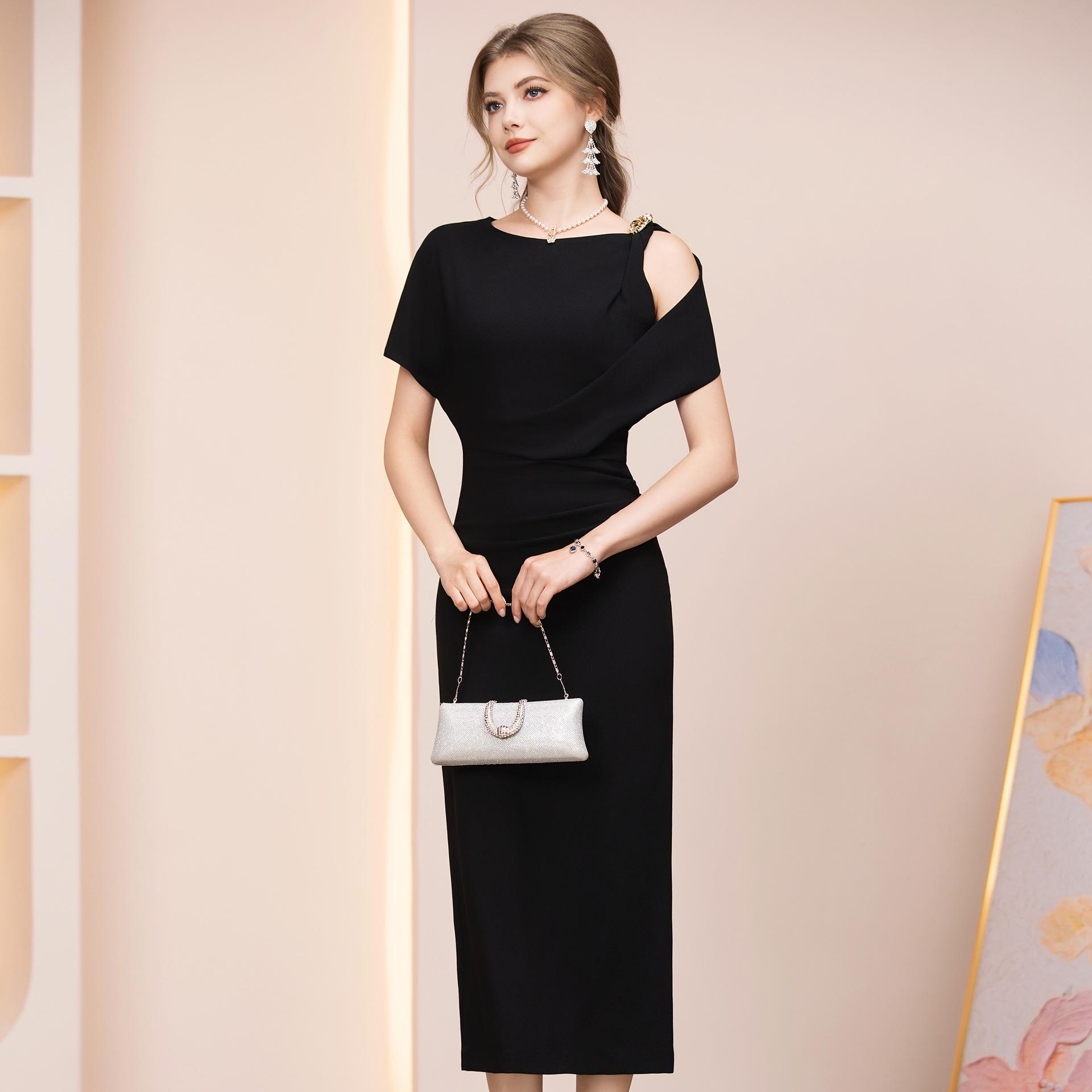 Zhi Li Elegant 2026 Black Waist-Cinching Off-Shoulder Acetate Bodycon Dress for Special Occasions Small чёрный