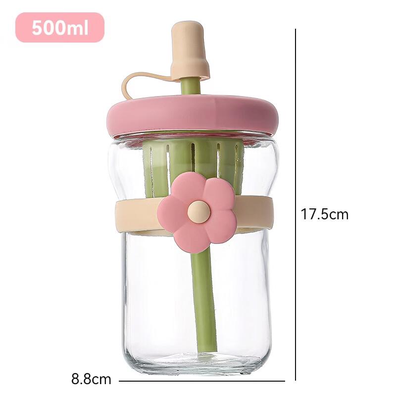 Cute Floral 500ml Glass Straw Bottle with Infuser